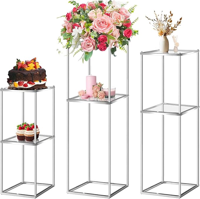 2-Tier Metal Flower Stand Set with Acrylic Shelves, Geometric Display Rack for Wedding Centerpieces, Party Decor, Tall Floor Vase Stand (Silver, Set of 3-36.8"/32.9"/25")