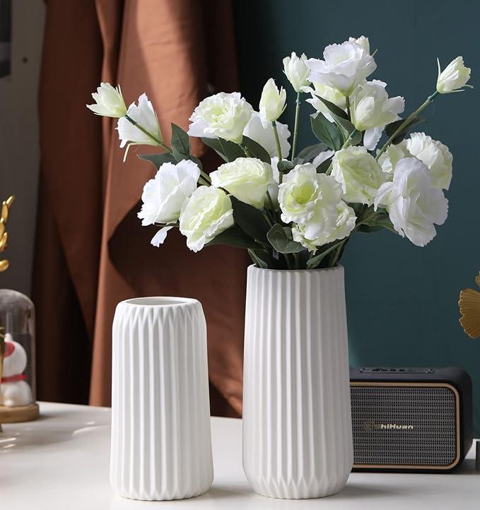 Large White Ceramic Vase, 9.8'' H Modern Vase for Flower, Origami Stripe Frosted Matte Surface, White Vases for Decor Wedding Decor (Large 9.8"*4.9" (H x D))