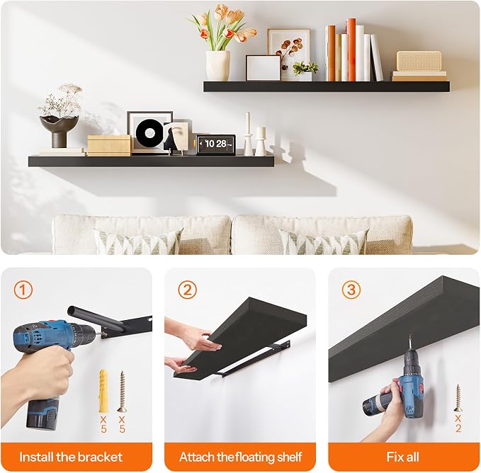 HOOBRO Floating Shelves for Wall, Wall Mounted Shelf Set of 2, 47.2" Hanging Shelf with Invisible Brackets, for Wall Decor Storage in Bathroom Bedroom Kitchen Living Room Office, Black BK120BJP201