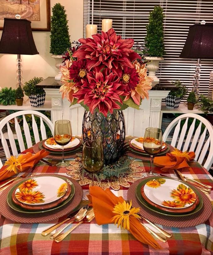 Briful Fall Flowers Artificial Bouquet for Decoration, Fake Silk Flowers Arrangements with Dahlia & Mums Mixed Autumn Floral Stems for Home Room Fall Table Centerpiece Wedding Party Decor(Burgundy)