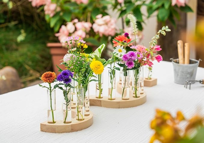 Melphoe Glass Bud Vases Small Flower Vase for Centerpieces Wedding Table Decorations, Home Decor, Propagation Station Plant Terrarium with Wooden Stand, Unique Plant Lover Gifts for Women (Beige)