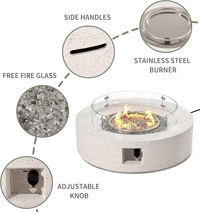 COSIEST Outdoor Propane Fire Pit Coffee Table w Terrazzo White 42 inch Round Base Patio Heater, Certified, 50,000 BTU Stainless Steel Burner, Wind Guard, Transparent Gray Fire Glass, Rain Cover