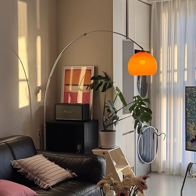 Orange Arc Floor Lamp with Acrylic Shade,Arch Reading Lamp Floor Standing,Mid Century Modern Orange Standing Lamp for Living Room Bedroom