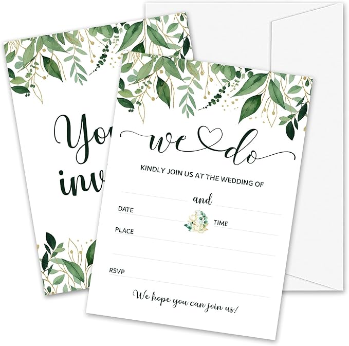 Greenery Wedding Invitations, 5"x 7" Eucalyptus Leaves Wedding Invites Card With Envelopes, 25 PCS for Party Decorations and Supplies - A12