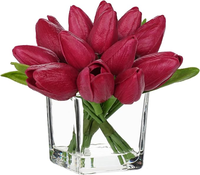 DILATATA Artificial Hot Pink Tulips in Vase with Faux Water 5.5" Real Touch Flowers Fake Tulips Small Flowers Arrangement in Cube Glass Vase for Mother's Day Table Centerpiece Wedding Home Decor