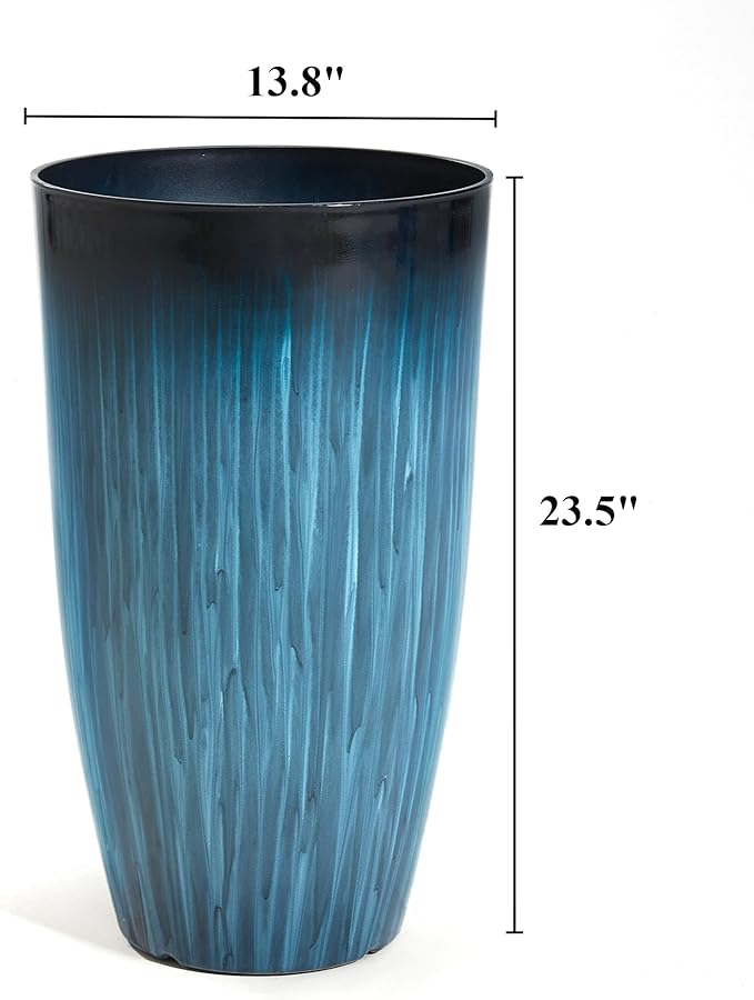 Worth Garden 23.5" Tall Plastic Planters Set of 2 with Drainage Holes, Gradient Blue Glossy Finish, Large Lightweight Round Plant Pots for Indoor Outdoor Use, Decorative Flower Pots for Front Porch
