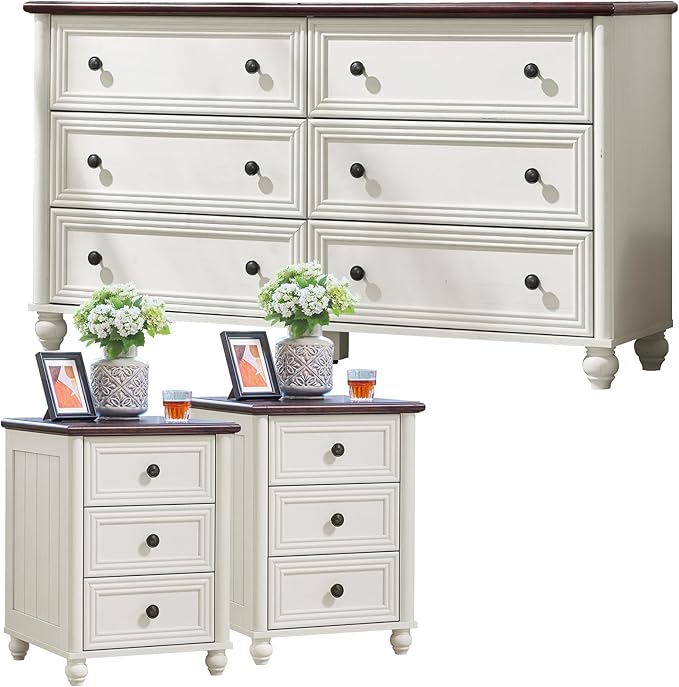 Farmhouse Dressers & Night Stand Set of 3, Wood 54'' Wide Dresser & 18'' Chest of Drawers, Roman Column 3 Drawers Nightstand Set of 2, Bedroom Furniture Dresser Suites for Living Room, Hallway Home