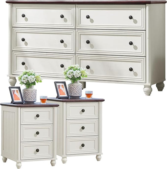Farmhouse Dressers & Night Stand Set of 3, Wood 54'' Wide Dresser & 18'' Chest of Drawers, Roman Column 3 Drawers Nightstand Set of 2, Bedroom Furniture Dresser Suites for Living Room, Hallway Home