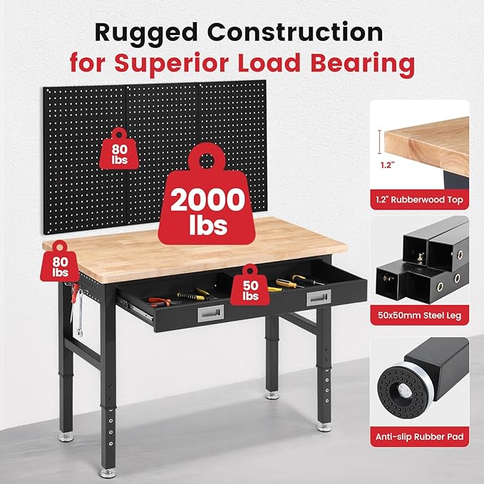 Work Bench with Storage Adjustable Workbenches with Drawer for Garage 48 Inch Rubber Wood Top Garage Workbench with Pegboard, Power Outlets for Woodworking,Home, Office, Workshop