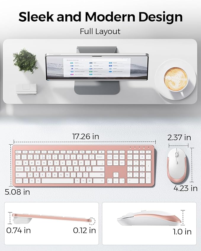 Wireless Keyboard and Mouse Combo, Full Size Slim Thin Cordless Keyboard Mouse with Numeric Keypad, Quiet Computer Keyboard Mice Set 2.4G Stable Connection Adjustable DPI (Rose Gold)