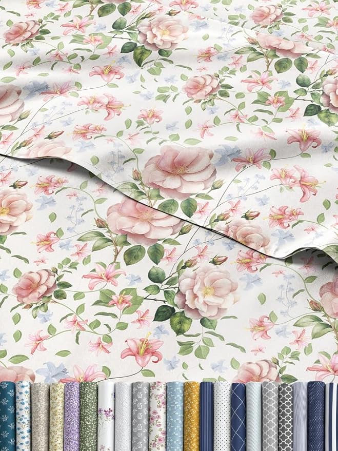Floral Sheets - Pink Floral Rose Bed Sheet Set - 1 Flat, 1 Fitted & 2 Pillowcases w/ Deep Pockets - Comfy, Wrinkle & Fade Free Boho Botanical Bedding - Ultra-Soft, Breathable & Cooling - King Size New