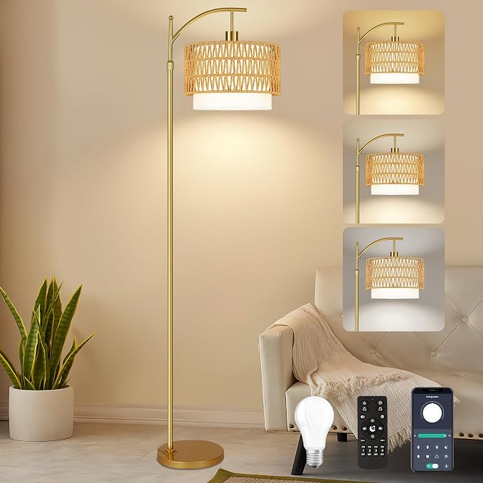 Gold Floor Lamps for Living Room Rattan Boho Floor Lamp with Remote Control & 3 Color Temperature, Dimmable Arc Floor Lamps Wicker Lamp Shades Brass Standing Lamp Tall Floor Lamp For Bedroom Corner