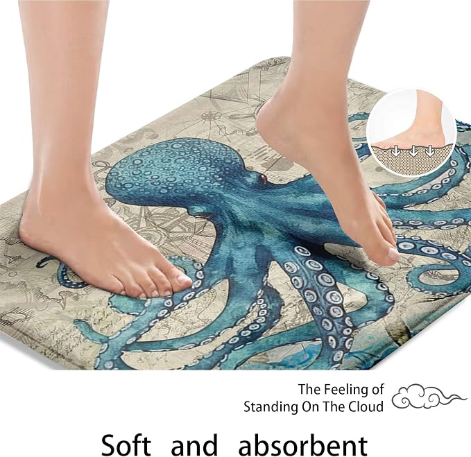 Britimes Blue Bath Mat for Bathroom Sea Theme Octopus Washable Floor Rug Carpets Floor Mat Bathroom Decorations 16x24 inches for Kitchen Bedroom Indoor