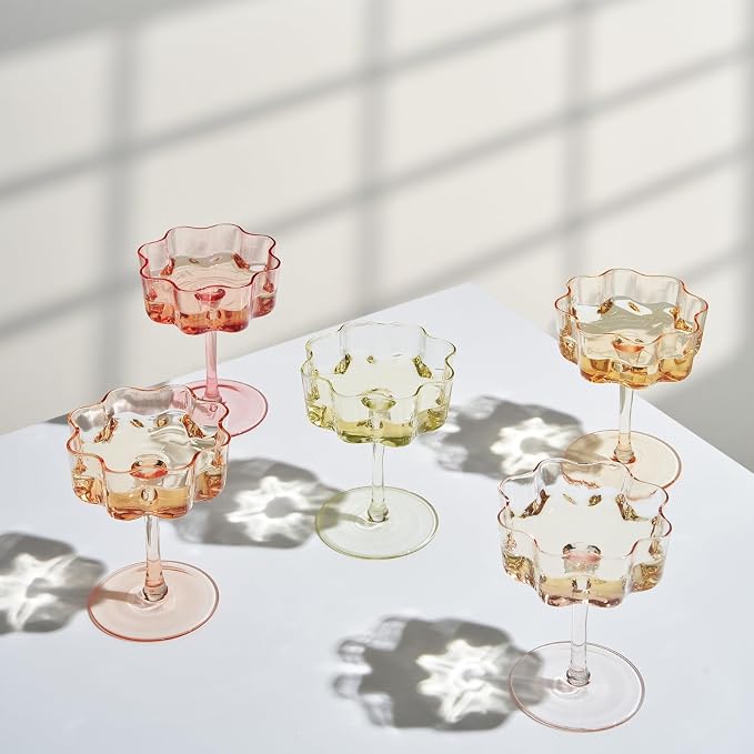 Summer Flower Scalloped Vintage Wavy Petals Wave Glass Coupes 7oz Colorful Martini, Champagne & Cocktails, 5 Set Colored Rippled Champagne Glasses, Elegant Bar Glassware, Aesthetic Coupe Glassware