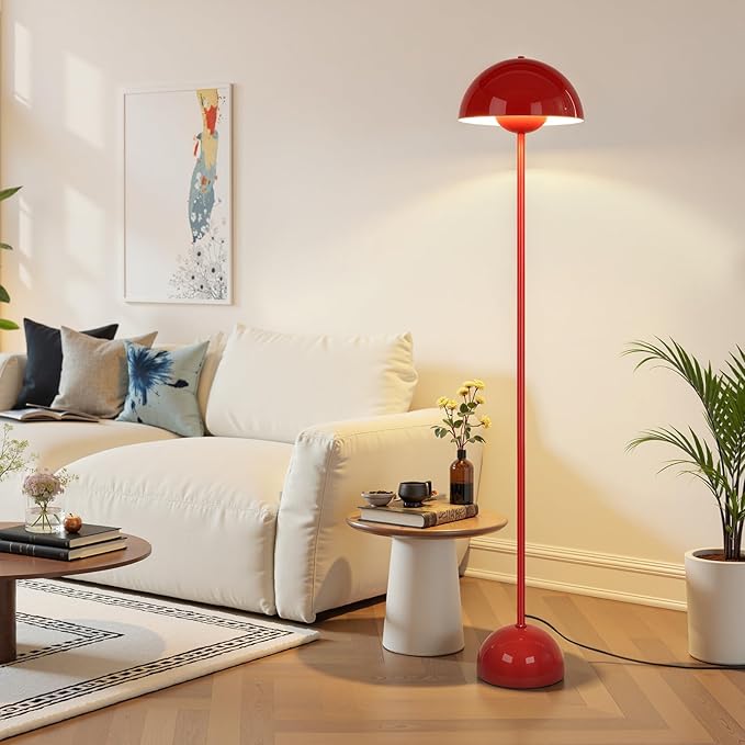Coucrek Red Floor Lamp for Living Room, 66'' Tall Industrial Standing Lamp with Unique Reflecting Shade, Mid Century Modern Ambient Light for Bedroom Office Corner