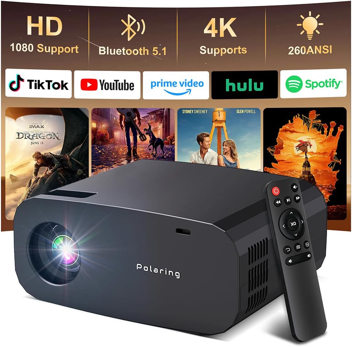 Skiennix Mini Projector - 4K 1080P Portable Projector with WiFi & Bluetooth | Auto Keystone Correction, 32"-150" Screen