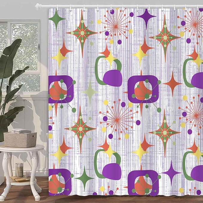 Mid Century Shower Curtain, 72x72inch, Modern Abstract Retro Purple Striped Geometric Shower Curtain Sets 1950s Boho Bathroom Shower Curtain with 12 Hooks