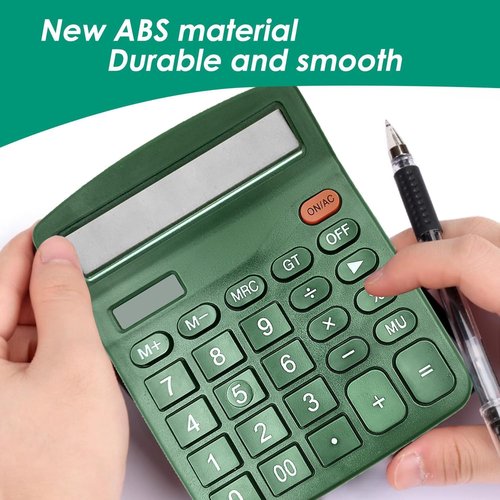 12 Digits Desktop Calculator - Large LCD Display, Dual Solar Power & Battery | Dark Green