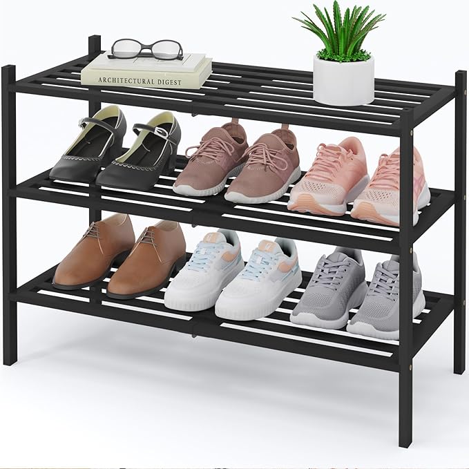 Smiry Bamboo Shoe Rack 3-Tier, Stackable Wooden Shoe Organizer for Entryway & Closet, Free Standing Wood Shoe Storage Shelf for Front Door & Small Spaces, Black