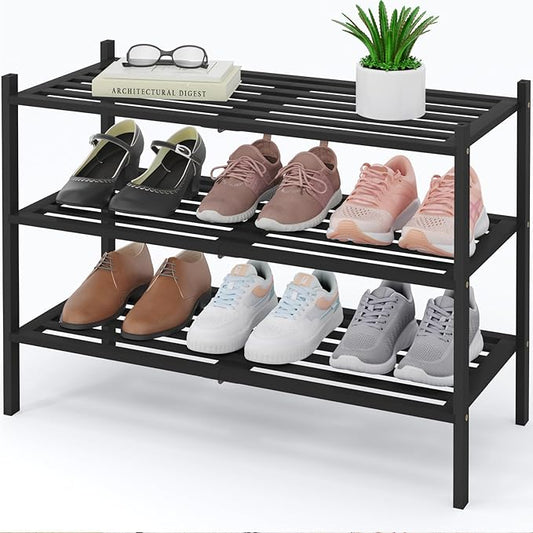 Smiry Bamboo Shoe Rack 3-Tier, Stackable Wooden Shoe Organizer for Entryway & Closet, Free Standing Wood Shoe Storage Shelf for Front Door & Small Spaces, Black