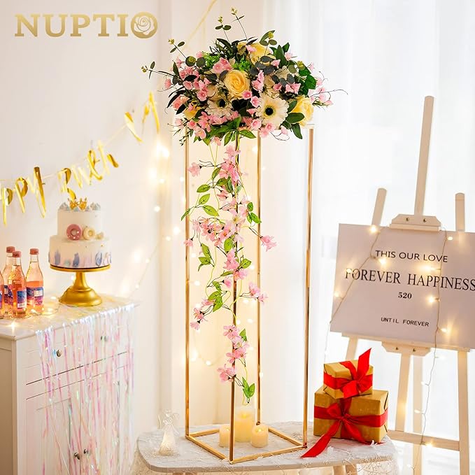 NUPTIO Gold Vases for Centerpieces Wedding - 2 Pcs 39.4 inch Tall Metal Flower Vase Flowers Stand for Party Tables Decorations - Elegant Bulk Weddings Decoration Table Geometric Centerpiece Stand