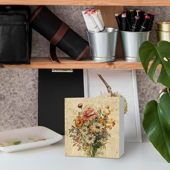 KFXHANGD Vintage Floral Wooden Box Sign Desk Decor, Floral Desk Decor, Wildflower Decorative Decor for Women Office Living Room Bedroom, Botanical Flowers Home Shelf Desk Decor 5x5 Inch