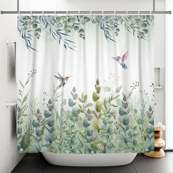 Green Leaf Shower Curtain Colourful Bird Eucalyptus Bathroom Curtain Plant Leaves Botanical Hummingbird Spring Summer Shower Curtain Sets for Bathroom Extra Long 72x84 in with 12 Hooks