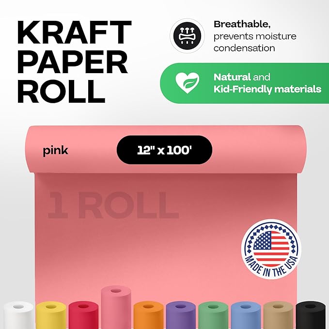 12" x 1200" (100 feet) Pink Kraft Paper Roll - USA-Made Quality Craft Paper for Gift Wrapping, Kids' Arts & Crafts, School Projects - 100% Recycled Natural Material 50lb Thickness by IDL Packaging