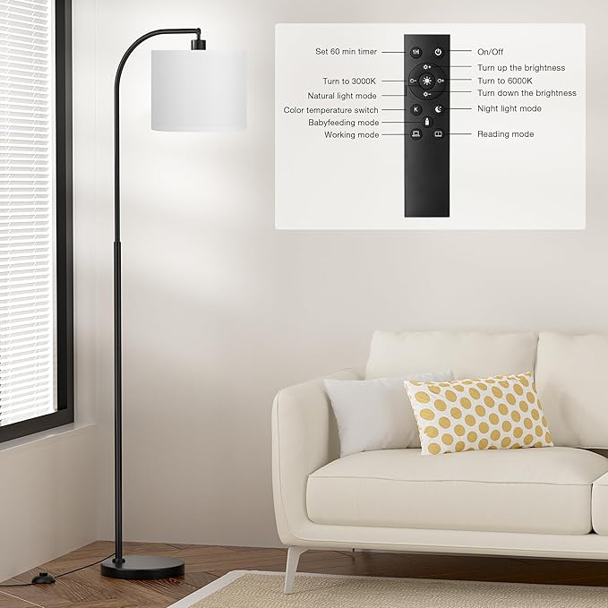 Ambimall Arc Floor Lamp with Remote and Stepless Dimmable Bulb, Colors Temperature & Brightness Adjustable, Floor Lamps for Living Room（White Shade & Black Pole）