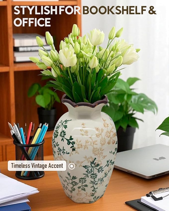 Vintage Ceramic Flower Vase Home Decor - Tabletop Rustic Tall Vase for Decor Living Room Bookshelf Office Kitchen Farmhouse Cottage, White Vases for Bouquet, Ruffled Rim | Grand Millennial | 9.1inch