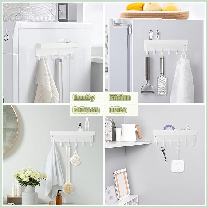 VIS'V Magnetic Key Holder Wall Mount, Compact Metal Key Rack with Tray, 6 Hooks, 2 Mount Options, White