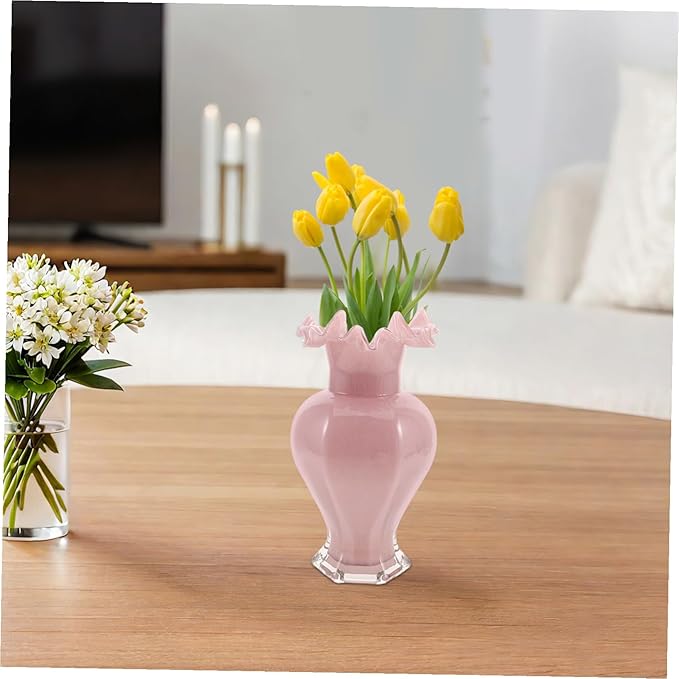 Pearlescent Pink Handblown Glass Vase with Artistic Curved Rim Unique Decorative Flower Display for Home Decor Living Centerpiece Wedding Table Accent