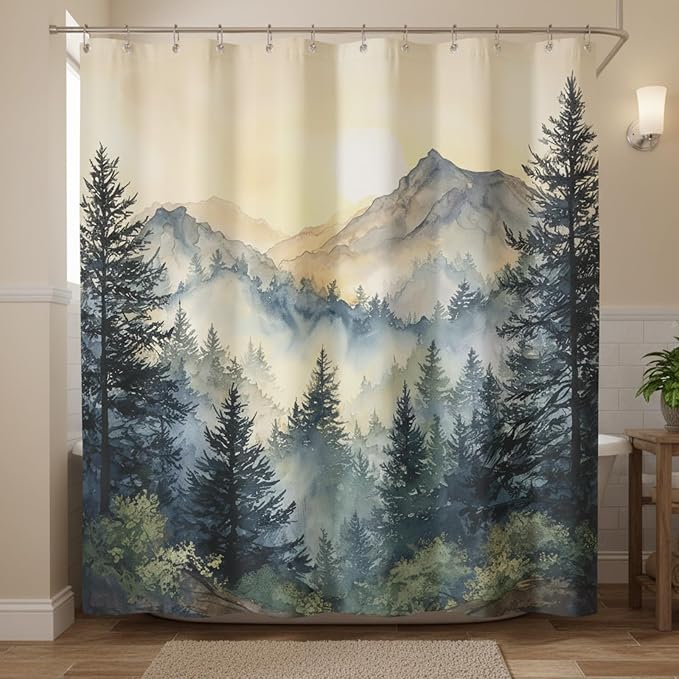 Misty Forest Mountain Shower Curtain, Nature Scenery Watercolor Pine Tree Landscape, Foggy Morning Mountain Peak Aesthetic Bathroom Decor, Waterproof Fabric, 72x72 Inch.