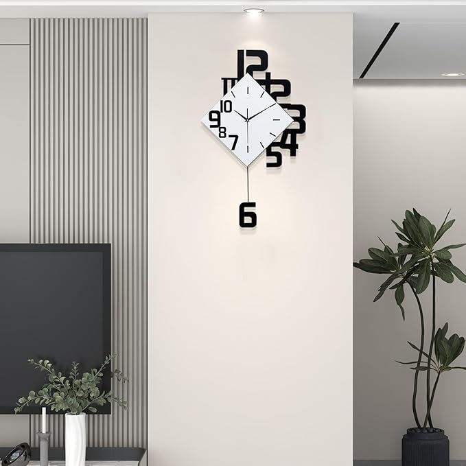 FLEBLE Modern Wall Clocks for Living Room Decor Large Decorative Wall Clock with Pendulum Battery Operated for Bedroom Office Kitchen Home Black Wood Silent Small Wall Clock Non Ticking