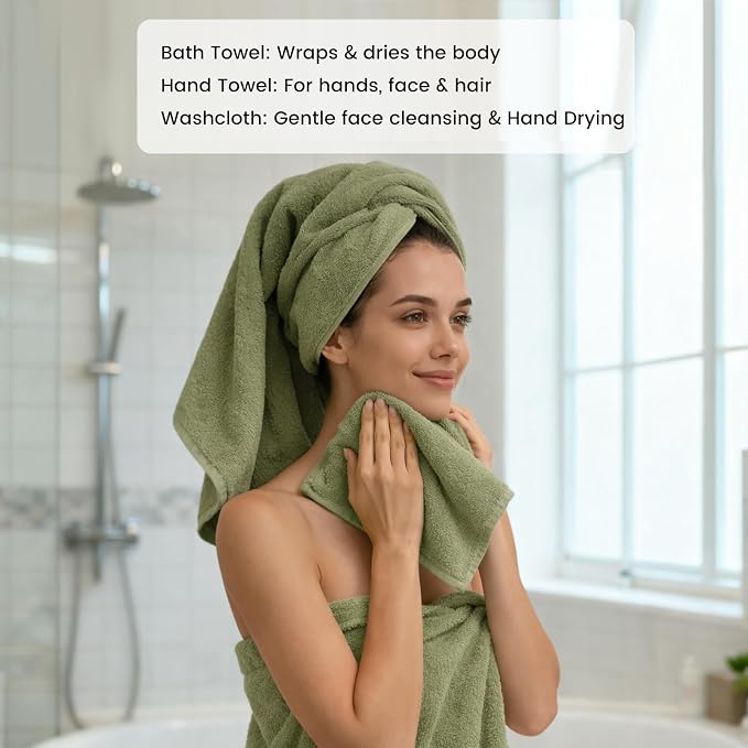 SEMAXE Bath Towel Set, 8 Piece Towel Set for Bathroom, Quick Dry Cotton Towels with Hanging Loops, Easy Care, Green