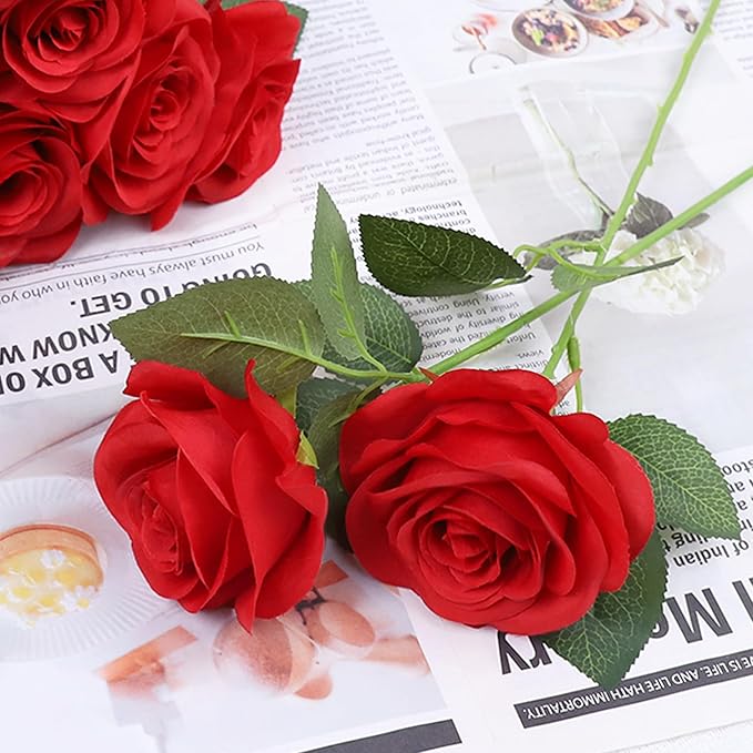 Artificial Rose Flower Artificial Flowers Flower with Long Stem Silk Roses Bouquet for Wedding Bridal Shower Party Home Decoration (Red, 50 Pcs)