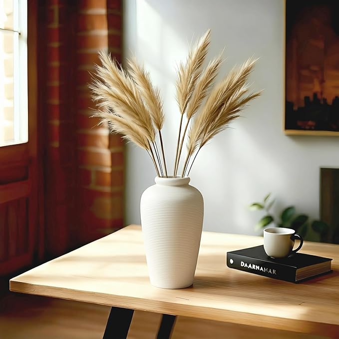 Large Ceramic Vase, 11 inch Minimalist Vase for Home Decor, Handmade Farmhouse Flower Vase for Table Centerpiece, Wedding, Living Room, Kitchen Decoration, Shelf Decor (Rice White)