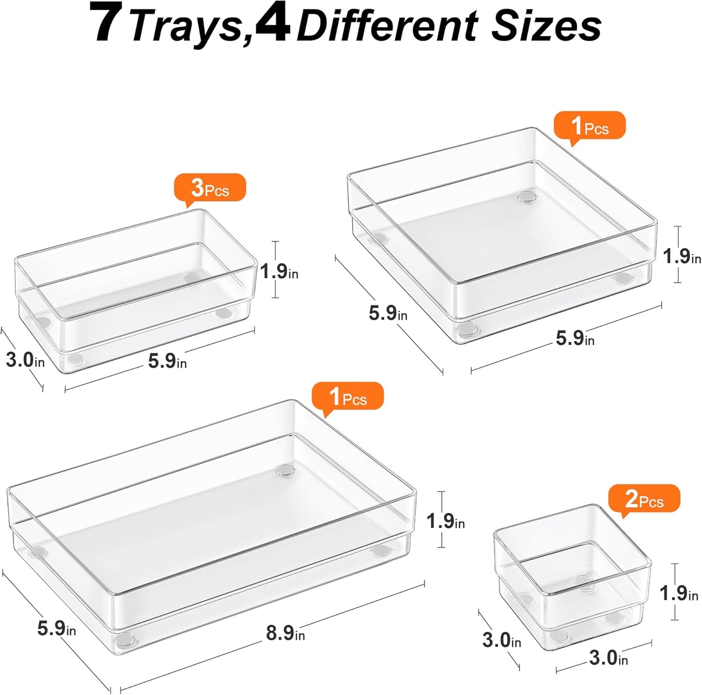 SMARTAKE 7-Piece Drawer Organizer - Non-Slip Silicone Pads for Makeup, Jewelry & Utensils | Clear Storage Trays
