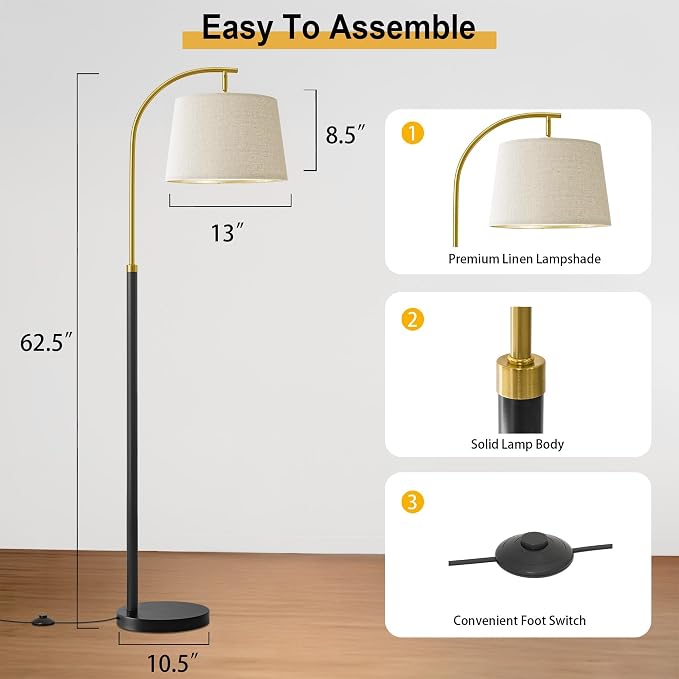 G-SAFAVA 62.5" Floor Lamps for Living Room with Foot Switch Arc Tall Standing Lamp for Bedroom Mid Century Modern Corner Gold Black Floor Lamps for Office Nursery Industrial Reading Light Room Lamp