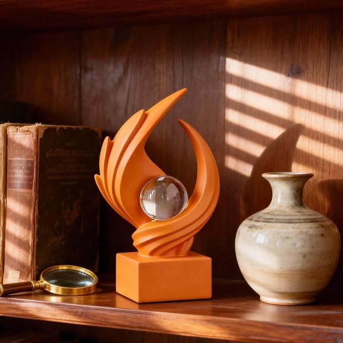 Modern Art Statue Decor, Abstract Swirl-Shaped Sculpture with Glass Ball Resin Art Figurines Centerpiece Sculptures for Home Decor Living Room Stand Coffee Table Office Bookshelf Decoration (orange)