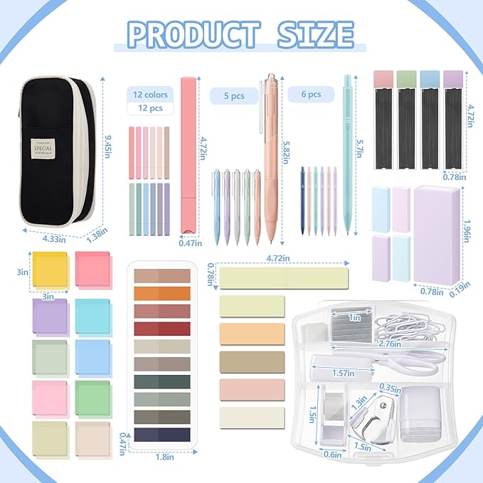 Sinload 60 Pcs Aesthetic Book Annotation Kit School Supplies Cute Pencil Case 12 Highlighter 5 Gel Pen 6 Mechanical Pencil 5 Magnetic Bookmark 1220 Pcs Sticky Note Tab Student Stationary(Black)