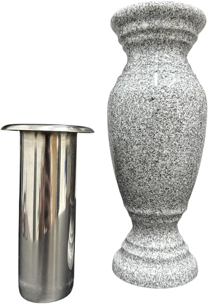 Memorial Cemetery Flower Vase - Real Granite (Grey Granite), with Stainless Steel Inner, Grave Marker, Decorations for Gravesite, Headstone Flowers Holder, Garden Lawn & Yard