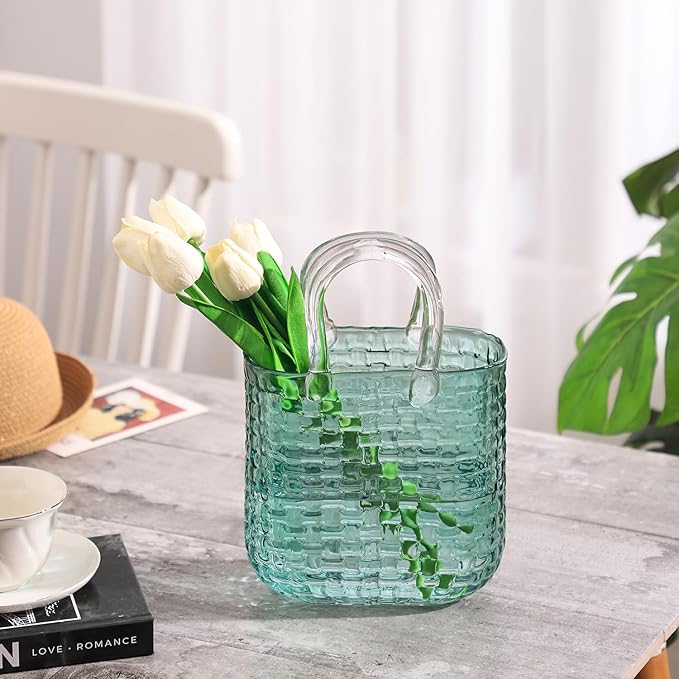 Glass Purse Vase for Flowers, Green Purse Flower Vase, Wide Mouth Glass Bag Vases, 10 Inch Large Handbag Shaped Vases for Home, Office Decor