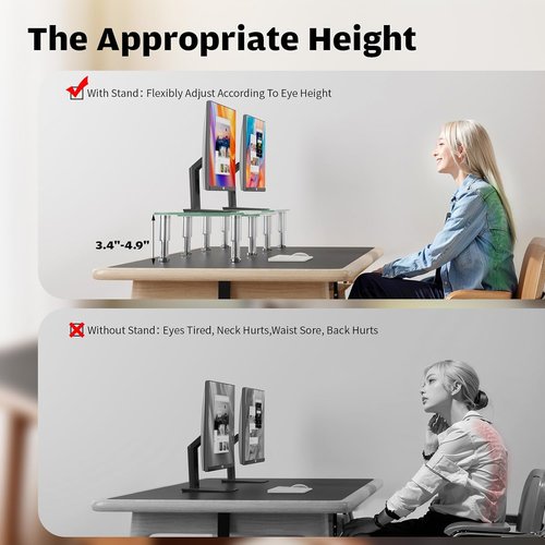 Hemudu Dual Monitor Stand - Adjustable Height & Angle Desktop Organizer for PC & Laptop (Clear)