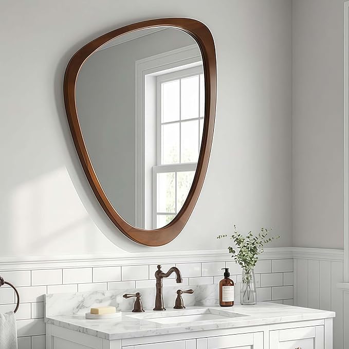 20x30 Inch Asymmetrical Wall Mirror Wood,Rustic Irregular Shaped Vanity Mirror for Bathroom,Bedroom, Living Room, Entryway, Fireplace,Wall Decor,Solid Wooden Frame (Dark Walnut, 20"x30" Inch)