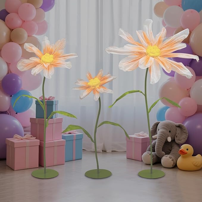 3Pcs Wedding Artificial Daisy Flowers Giant Artificial Paper Flowers Artificial Daisy Flower 3-Head Giant Fake Flowers with Standing Stems and Base for Wedding Wall Party Decor