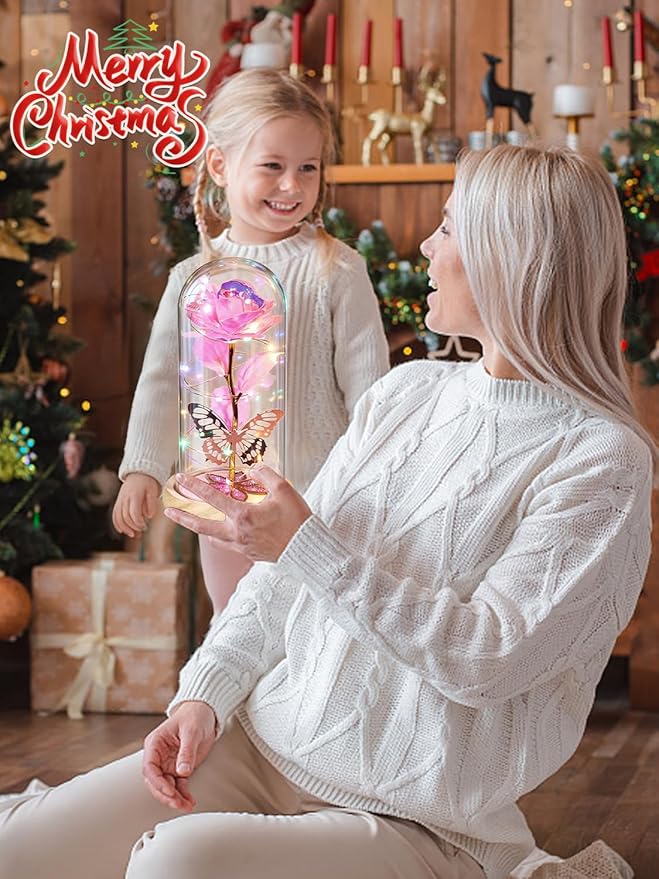 Beferr Christmas Birthday Gifts for Women, Mom Gifts for Christmas Galaxy Glass Rose Forever Preserved Flowers for Delivery Prime Rose in Glass Dome Xmas Gifts for Grandma Wife Sister Her, NPink