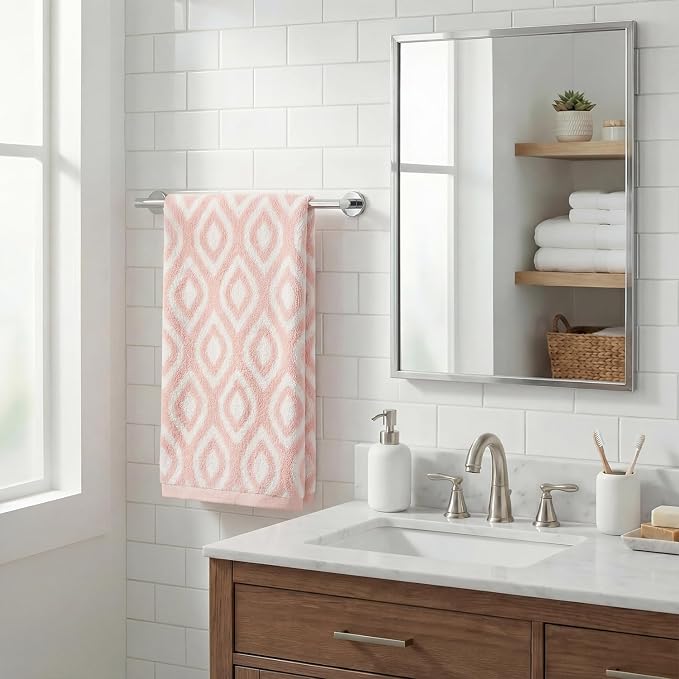 Artoid Mode 1 Pc Beige Pink Diamond Grid Jacquard Hand Towels for Bathroom, 100% Cotton Soft Absorbent Bathroom Decor Towels, 13.7 x 29.5 Inch