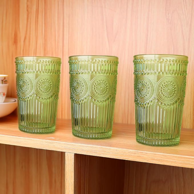 Loivttvv 6pcs Vintage Drinking Glasses Set, 12 oz Green Highball Glasses, Embossed Ribbed Glassware Cups for Cocktail, Water, Juice, Coffee, Whiskey