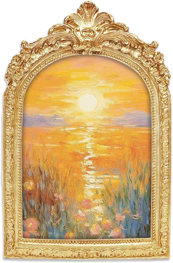 Vintage 4x6 Picture Frame, Gold Arch Resin Picture Frames Retro Handmade, Ornate Photo Frames with Glass Front for Wall Hanging or Tabletop Display, Antique Arched Photo Frame for Home Decor